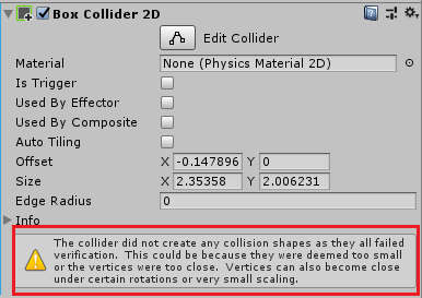 【Unity】BoxCollider2D設定時に「The collider did not create any collision shapes as they all failed verification.」と警告が出る場合の対処法